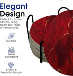 Dark Red Agate Marble Round Coasters Set of 6 - Abosrbent Ceramic Coasters with Metal Stand for Drinks, Coffee, Non-Slip Cork Back for Tabletop Protection, 4 Inches Marbled Pattern (Dark Marble)