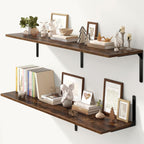 Fun Memories Rustic Brown 12 Inch Deep Floating Shelves Set of 2, Wall Mounted Shelf with Metal Brackets, Rustic Wood Wall Shelf for Bathroom, Kitchen and Living Room