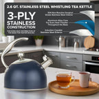 Viking 3-Ply Stainless Steel Tea Kettle, 2.6 Quart Stovetop Hot Water Pot with Tempered Glass Lid, Ergonomic Handle, Induction Ready, Slate and Blue