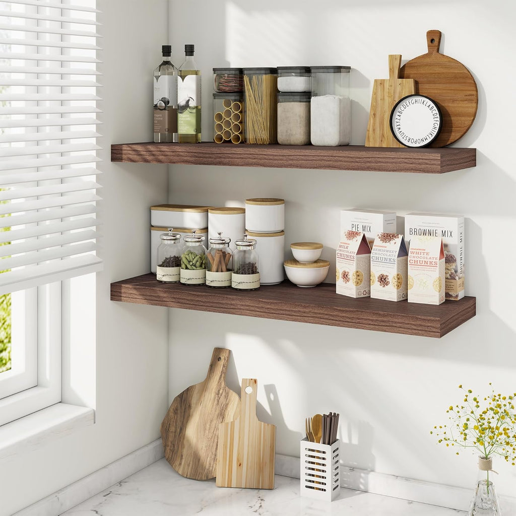 Fun Memories Floating Shelves for Wall, 32 Inch Rustic Wood Wall Mounted Shelves for Bathroom, Bedroom, Kitchen, Living Room, Deep Floating Shelves for Storage & Home Decor (Walnut, Set of 2)