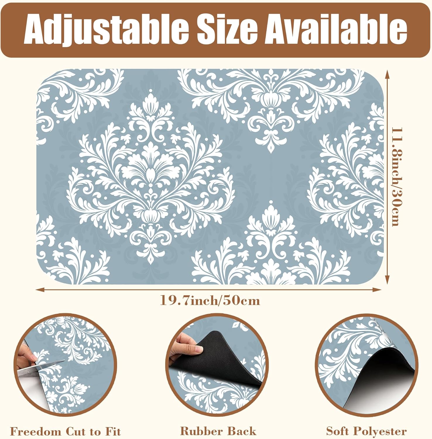 Dish Drying Mat Blue Damask Floral Coffee Bar Mat for Countertop Absorbent Rubber Backed Hide Stain Dish Drainer Rack Pad Coffee Maker Espresso Machine Dining Room Decoration 11.8 x 19.7 Inch