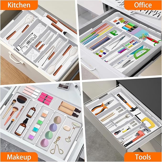 Large Utensil Drawer Organizer Expandable Silverware Organizer for Kitchen Drawer Adjustable Cooking Utensil Holder Cutlery Flatware Tray Spatula Tools Gadgets Storage Dividers Plastic White