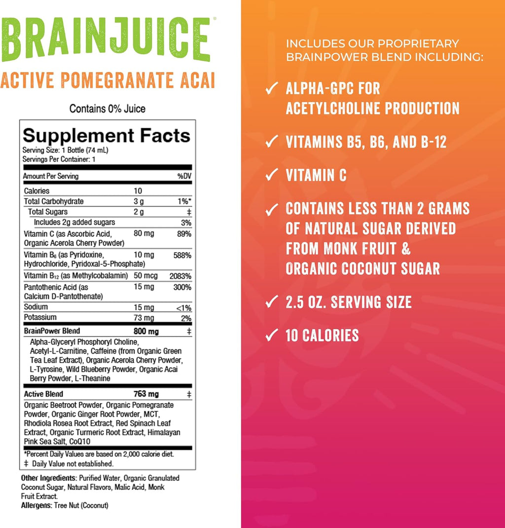 BrainJuice Active Focus & Energy Drink Shots, Supports Endurance, Recovery & Clarity, Non-GMO, Gluten Free, Nootropics, Alpha GPC, B Vitamins & Organic Green Tea, Pomegranate Acai, 2.5 fl oz, 12 Pack