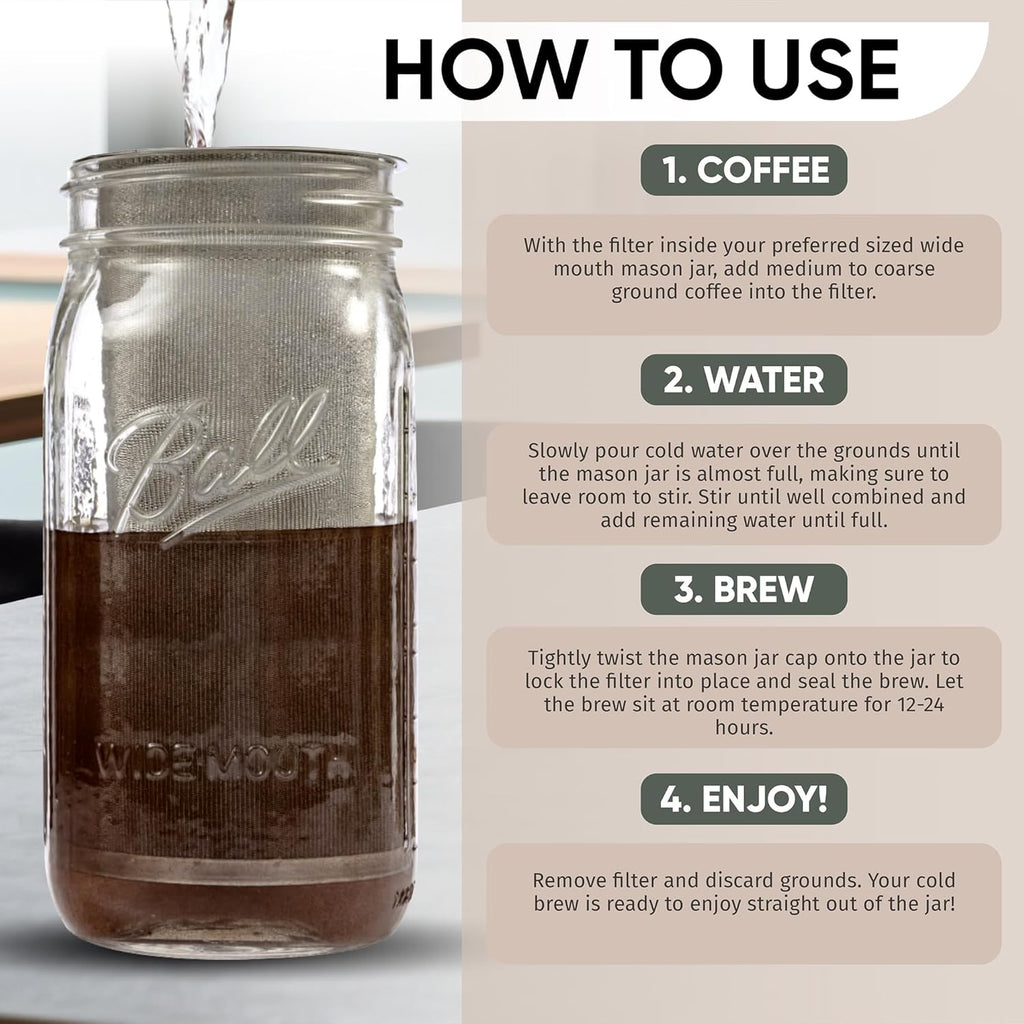 Altura The TUBE+ Cold Brew Coffee Maker and Tea Infuser for Wide Mouth Mason Jars - Stainless Steel Cold Brew Filter Strainer for Iced Coffee, Fruit Water & More - (64oz/2qt)