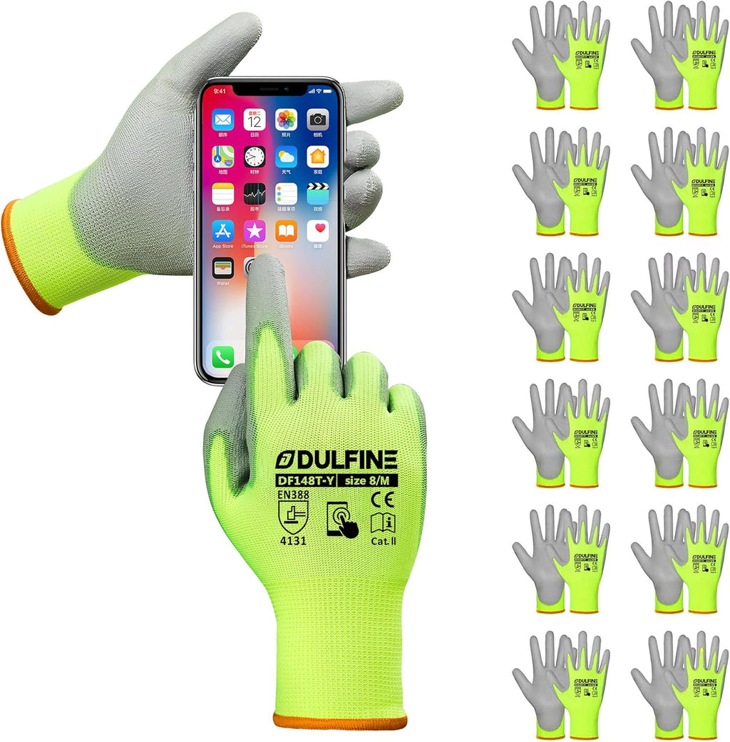 DULFINE Safety Work Gloves PU Coated for Men and Women-12 Pairs,Hi-Vis Seamless Knit Glove with Two Fingers Touchscreen,Ideal for General Duty Work (Medium)