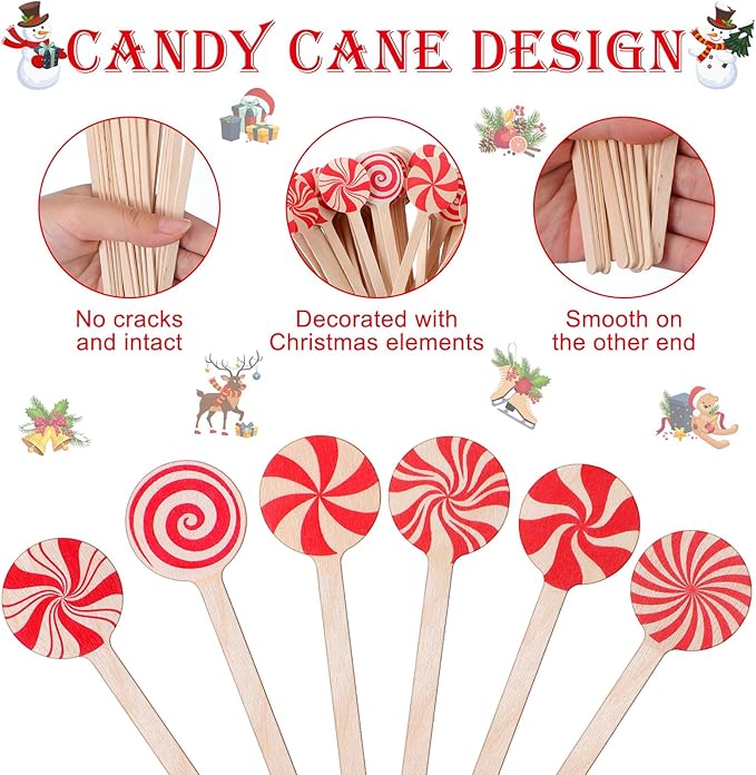 Sliner 120 Pcs 6 Inches Christmas Wooden Coffee Stir Sticks Stripe Candy Coffee Stirrers Disposable Drink Stirrers Candy Beverage Mixer with Round Ends for Cocktail Hot Drinks Party Supplies
