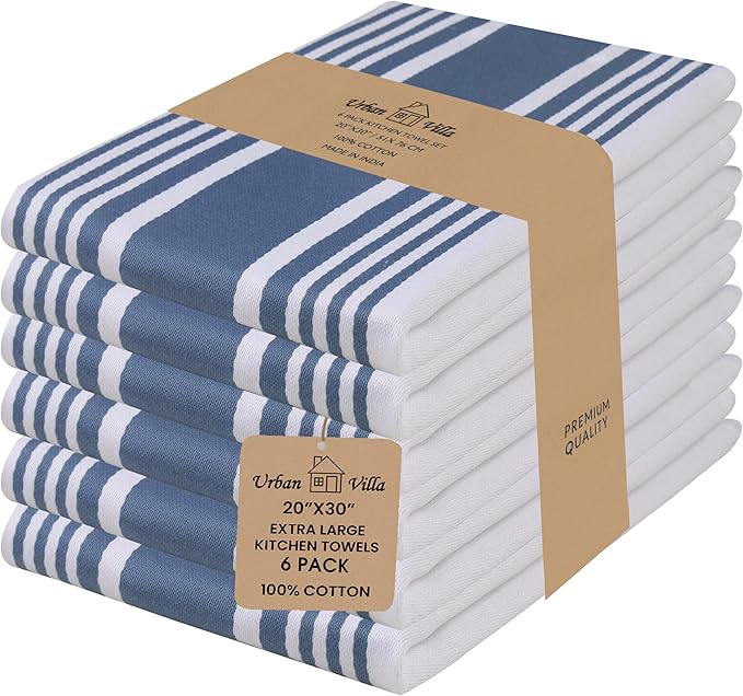 Urban Villa Kitchen Towels 100% Cotton Dish Towels for Kitchen (Set of 6) 20”x30” Dish Cloths Highly Absorbent Kitchen Linen Set with Hanging Loop Perfect for Drying Dishes Cleaning Towels-Blue White