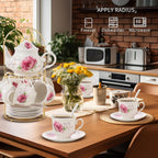 20-Pieces Tea Set For Adult with Golden Metal Rack,Porcelain Tea Sets For Women,Tea Gift Sets for Home&Party(015)