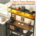 Aheaplus Bakers Rack with Power Outlet, Microwave Stand, 5 Tiers Coffee Bar Station with Led Lights, Kitchen Storage Shelf with 6 S-Shaped Hooks, Kitchen Rack Coffee Bar Stand, Grey Oak