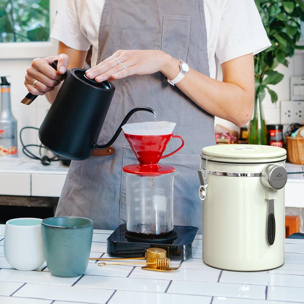 35OZ Coffee Canister for ground coffee with Date Tracker,beige 304 Stainless Steel Kitchen Food Airtight storage container for Coffee Beans or Grounds, Tea, Sugar