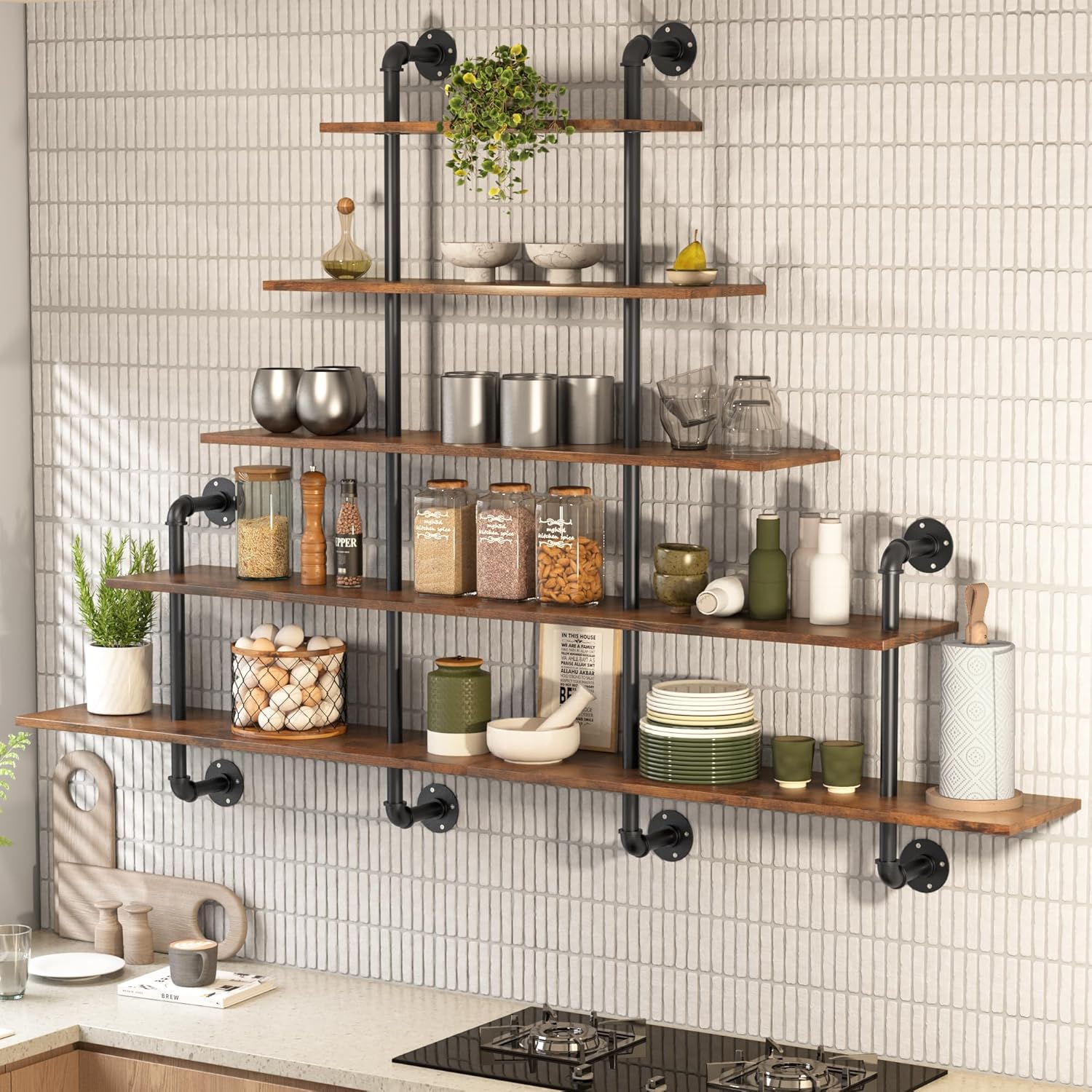 70" Industrial Pipe Shelving - 5 tier Rustic Solid Wood and Heavy Duty Metal Pipe Shelves for Wall,Kitchen Shelves Wall Mounted,Floating Bookshelf,Wall Shelves for Bathroom,Living Room,Coffee Bar