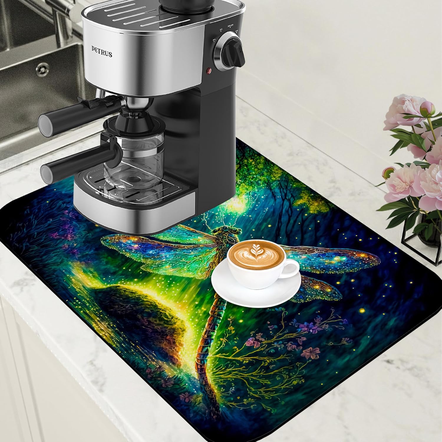 Magic Dragonfly Forest Coffee Mat - Absorbent Dish Drying Mat for Kitchen Counter, Hide Stain, Rubber Backed Bar Accessories, Fits Under Maker, Pot, Espresso Machine, 15.7 x 23.6 Inch