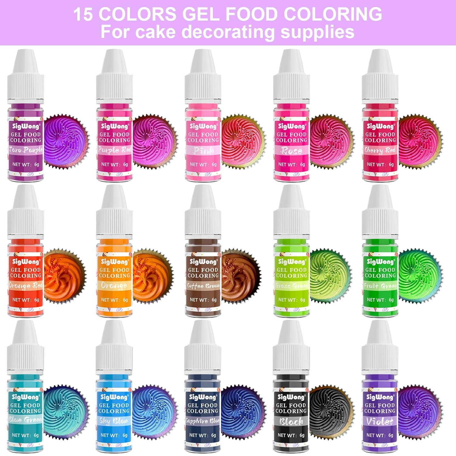 Gel Food Coloring - 15 Colors Flavorless Gel Based Food Color Dye, Vibrant Edible Concentrated Food Coloring for Cake Cookie Decorating, Easter Egg, Icing, Fondant, Baking, Macaron (6g/Bottle) - Vegan