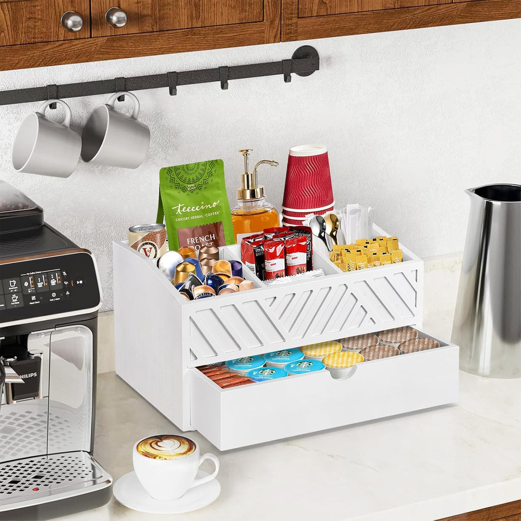 Farmhouse Wooden Coffee Bar Organizer - Countertop Station With Drawer, Pods Holder & Storage Basket