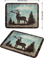 Retro Deer Forest Cabin Silhouette Dish Drying Mat Countertop 18x24 Fall Blue Sky Cloud Cartoon Elk Wild Animal Bushes Drainer Mat Pine Tree Grass Dishes Pad Rustic Moose Dish Drainer Rack