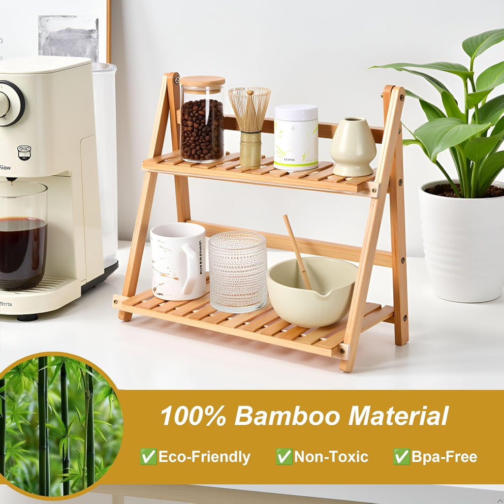 Coffee Station Organizer, Matcha Station, Foldable Bamboo Mug Holder for Countertop, Tea & Coffee Bar Accessories, 2 Tier Shelf for Kitchen Counter Organizer, Matcha Stand, Spice Rack