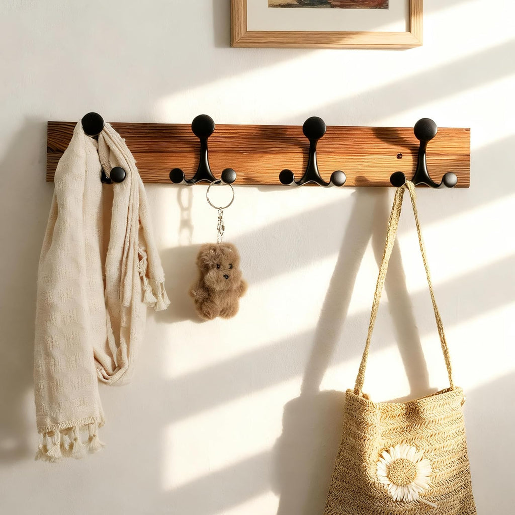 SKOLOO 24-Inch Wood Coat Rack Wall Mount with 4 Triple Hooks - Ideal for Family Entrances, Classrooms, and Pet Supplies Storage - Perfect Coat Hooks for Wall,Charred Golden Brown