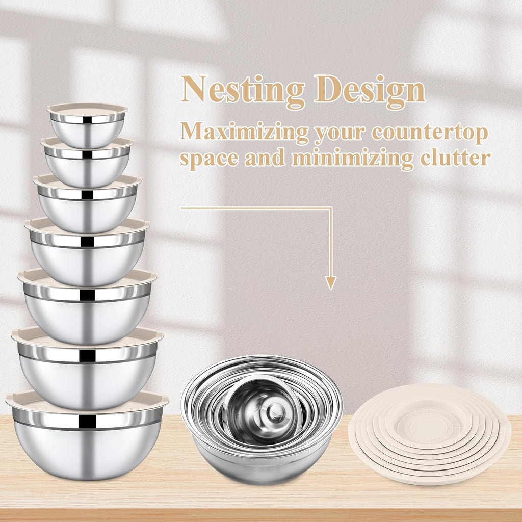 Mixing Bowls with Lids Set - 7 Piece Khaki Nesting Stainless Steel Mixing Bowls for Kitchen, Sizes 4.5, 4, 3.5, 2.1, 1.5, 1.1, 0.7 Qt for Baking, Cooking and Serving, Dishwasher Safe