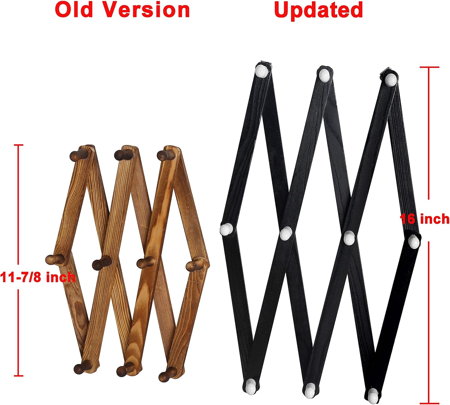 Dseap Accordian Wall Hanger: 16” High Wooden Wall Expandable Coat Rack, Hat Rack Holder, Accordion Hook for Baseball Caps, Coats, Mugs, 10 Peg Hooks, Black & White