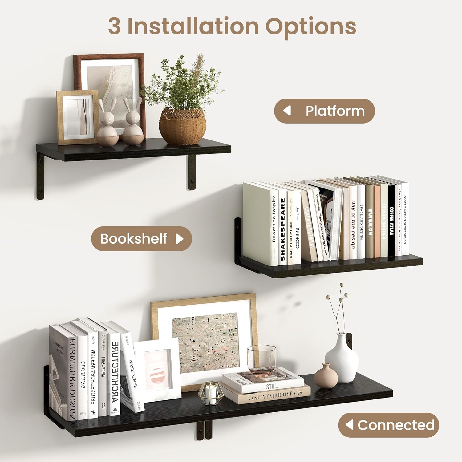 Fun Memories Deep Floating Shelves, 16W x 8D Floating Shelves Set of 2, Wall Mounted Shelf with Metal Brackets, Rustic Wood Wall Shelf for Bathroom, Kitchen and Living Room, Black