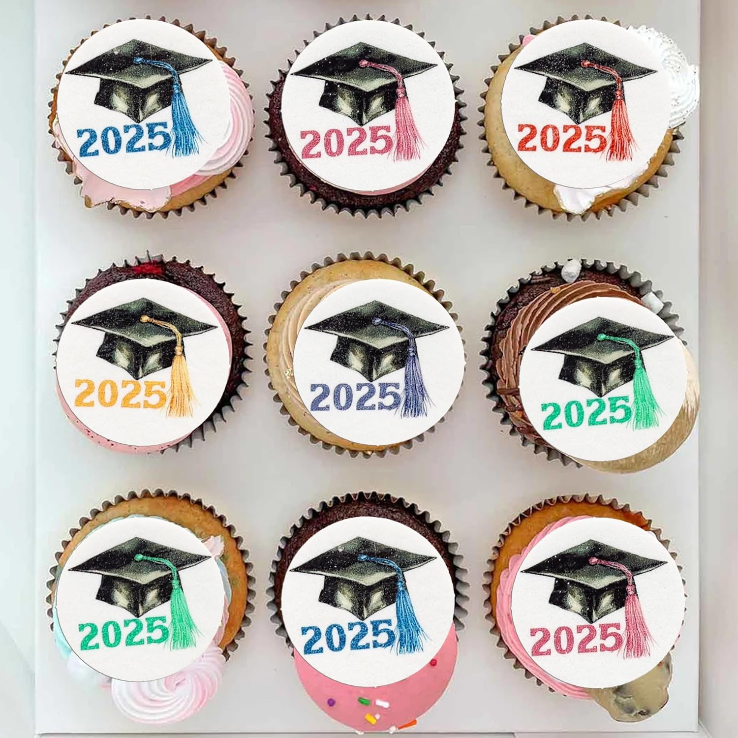Gyufise 48Pcs Edible 2025 Graduation Theme Cupcake Toppers Wafer Paper Graduate Hat Grad Cap Cupcake Picks 2025 Students Graduation Theme Party Cake Decorations Supplies Multi