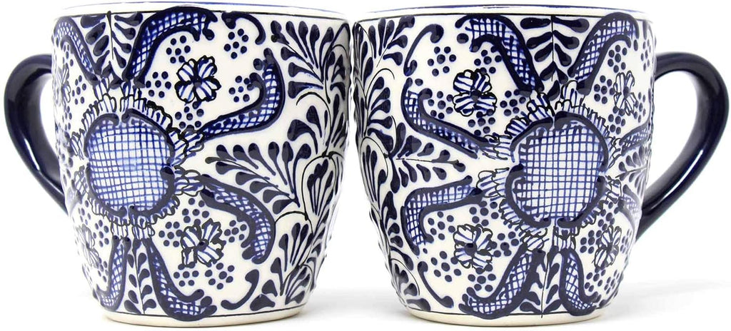 Encantada Handmade Hand-Painted Authentic Mexican Pottery Mugs (Cobalt Blue Flower X2)