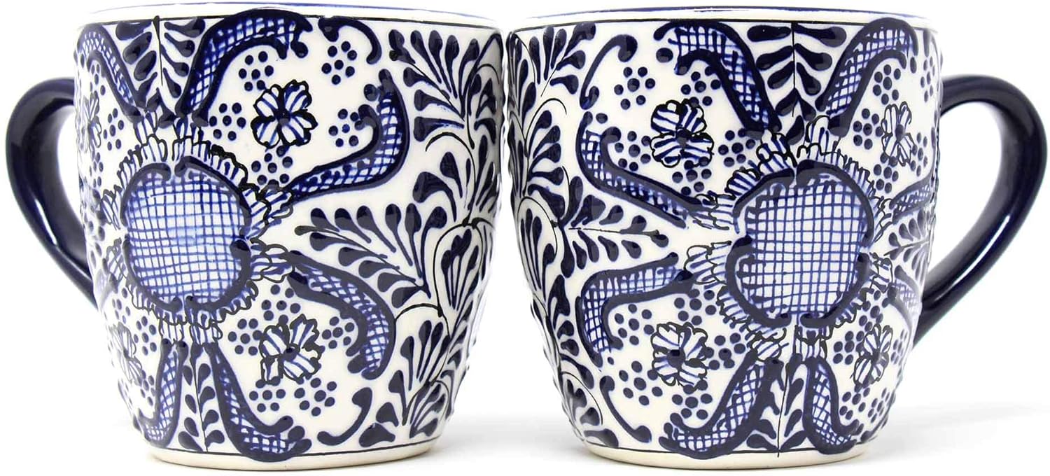 Encantada Handmade Hand-Painted Authentic Mexican Pottery Mugs (Cobalt Blue Flower X2)