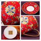 KAMMAK Tea Cups and Saucers Set of 2, Porcelain Coffee Cup with Saucer for Espresso, Cappuccino, 8oz Vintage Red and Blue Ceramic Demitasse Mug for Home, Tea Party, Office