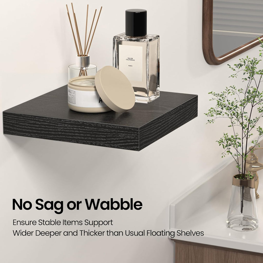 Square Floating Shelves for Wall, 8" W x 8" D x 1.2" H, Small Wooden Wall Mounted Display Shelves with Invisible Brackets for Living Room, Bedroom, Bathroom, Kitchen Decor, Set of 4, Black