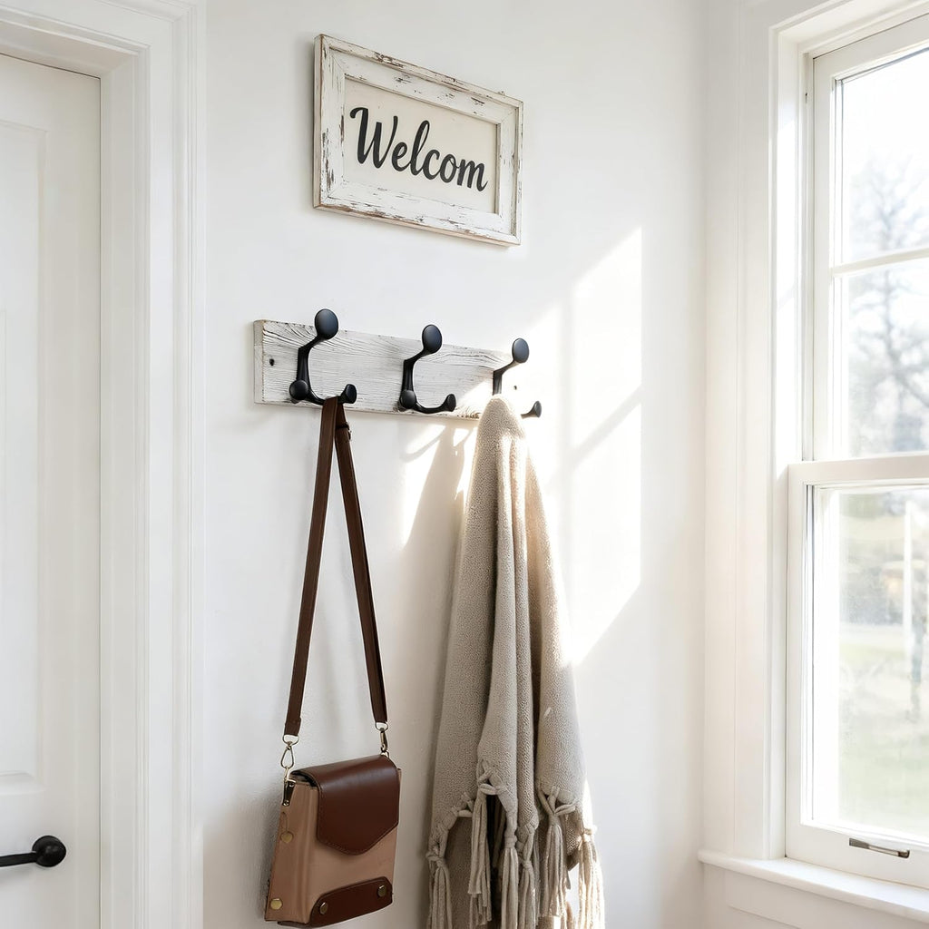 SKOLOO 17-Inch Wood Coat Rack Wall Mount with 3 Triple Hooks - Ideal for Family Entrances, Classrooms, and Pet Supplies Storage - Perfect Coat Hooks for Wall,Distressed White Wash