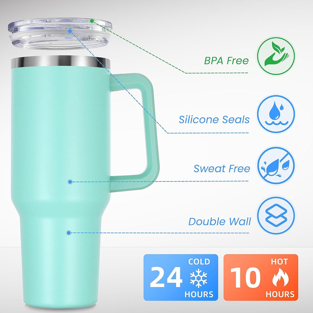 DOMICARE 40 oz Tumbler with Handle and Straw, Stainless Steel Tumbler with Lid and Straw, Reusable Vacuum Insulated Cup, Travel Coffee Mug, Mint Green, 4Pack