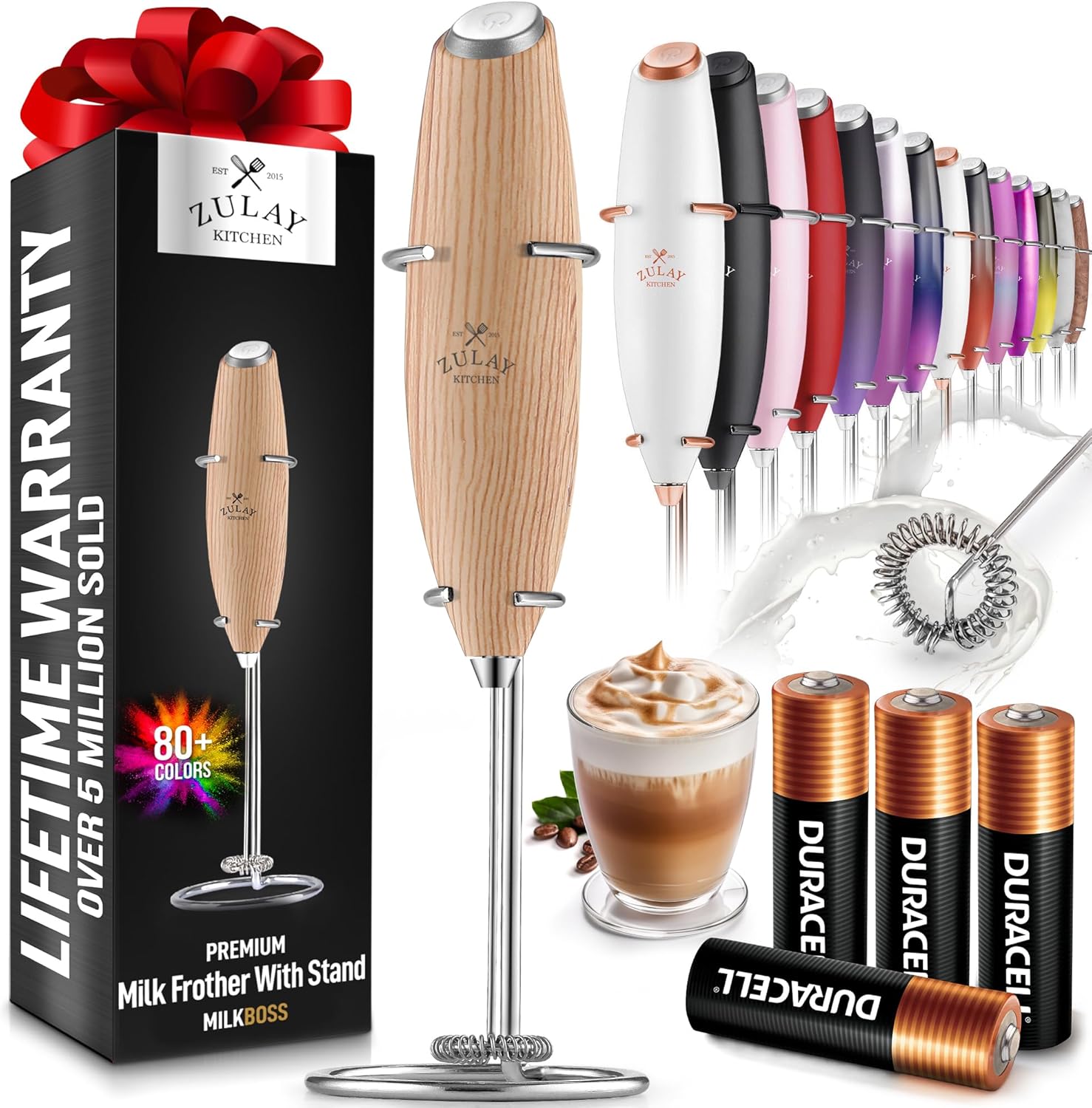 Zulay Kitchen Powerful Milk Frother Wand With 4 AA Duracell Batteries - Ultra Fast Handheld Drink Mixer - Electric Whisk Foam Maker for Coffee, Lattes, Cappuccino, Matcha & Creamer -