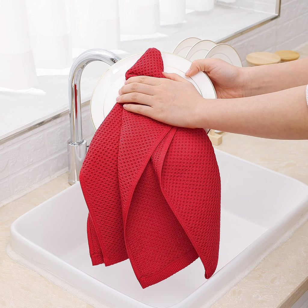 Homaxy 100% Cotton Waffle Weave Kitchen Dish Towels, Ultra Soft Absorbent Quick Drying Cleaning Towel, 13 x 28 Inches, 12-Pack, Red