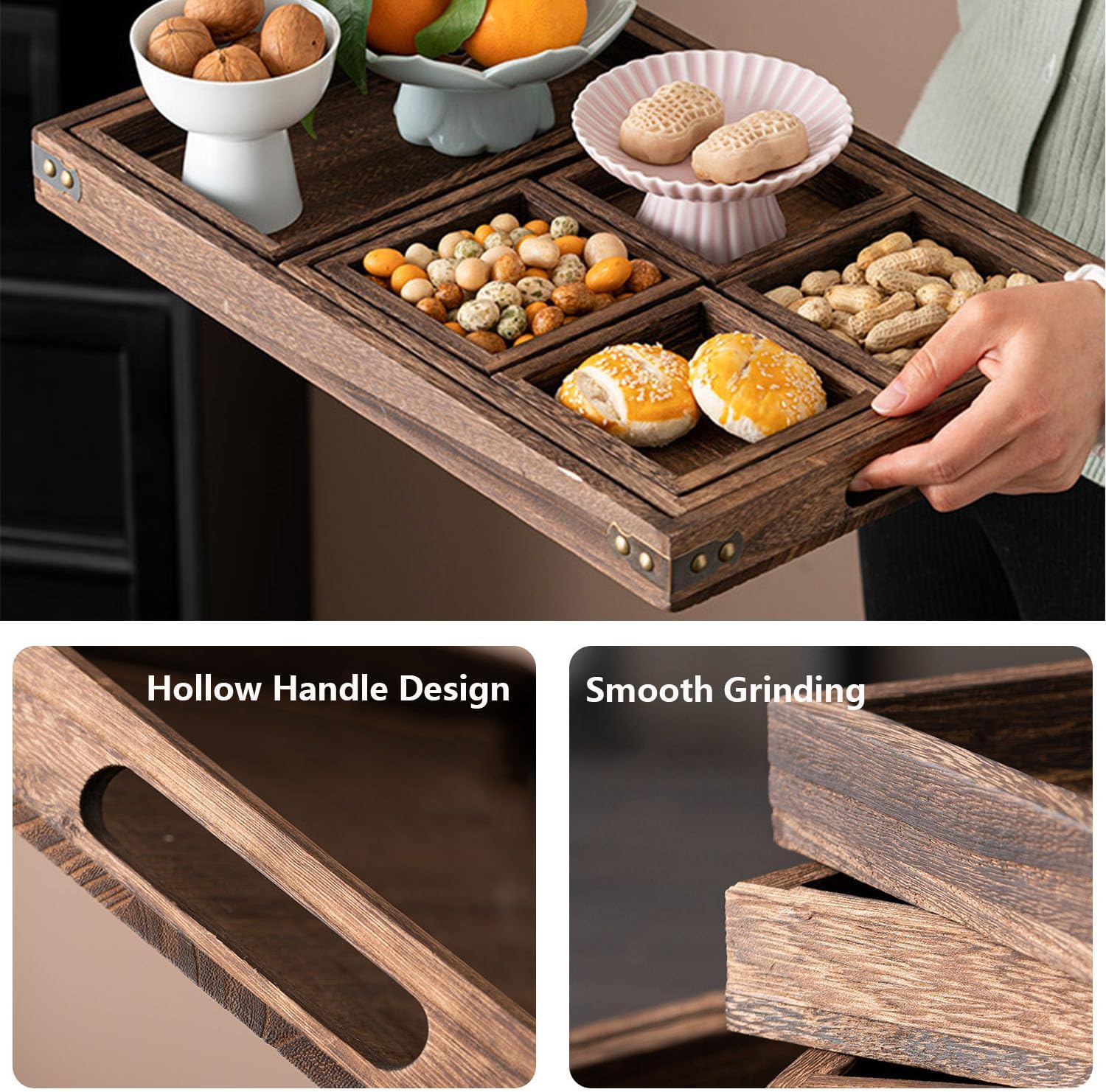 Rustic Wooden Serving Trays with Handle, Serving Platters, Charcuterie Board Set of 7 Nesting Food Trays for Serving Food, Home Decor, Breakfast, Coffee Table, Bed Tray, Picnic