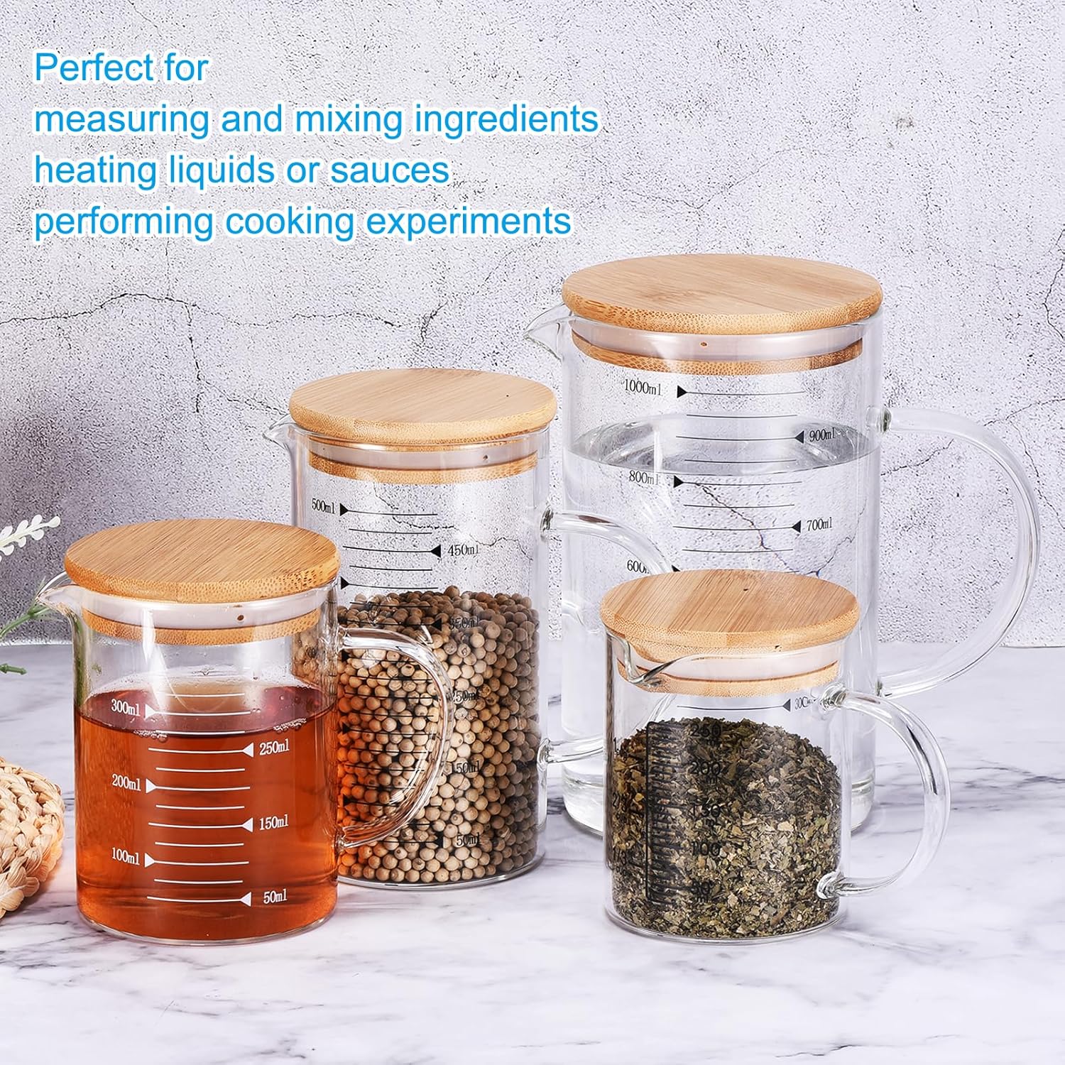 PATIKIL 350ml Glass Measuring Cup, 3.3 Borosilicate Glass Graduated Black Printed Scale Liquid Measure Cups Beaker with Wood Lid and V-Shaped Spout for Kitchen