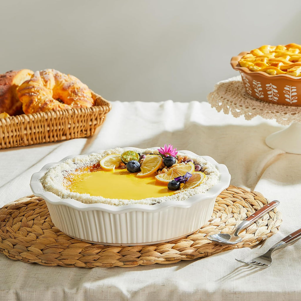 Sweese Porcelain Deep Fluted Pie Dish for Baking - 9 inch Porcelain Pie Plate for Apple, Quiche, Pot Pies, Tart - Vertical Line - White