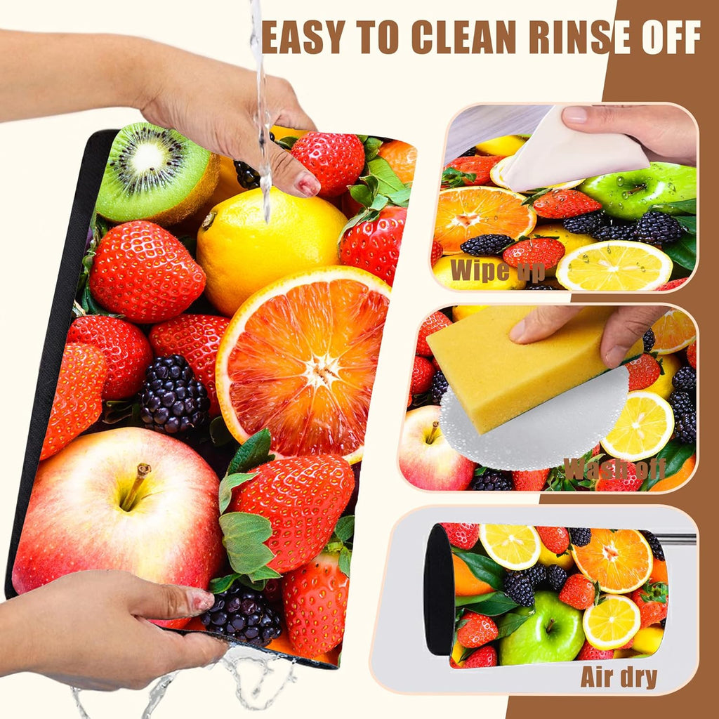 Fresh Fruits Dish Drying Mat for Kitchen Counter Coffee Bar Mat Hide Stain Absorbent Non-Slip Rubber Backed Drying Rack Pad Espresso Machine Coffee Bar Accessories 15.7 x 23.6 Inch