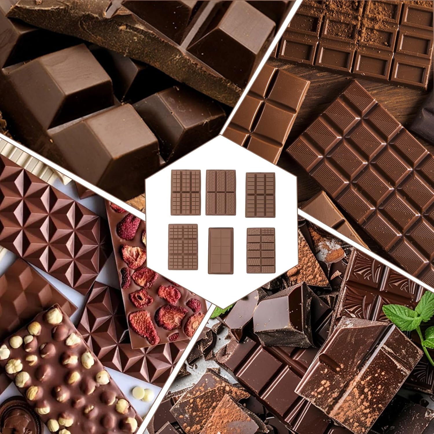 6-Piece Set Dubai Chocolate Bar Mold, Non-Stick Chocolate Molds Silicone, 100% Food Grade Silicone Candy Bar Mold, Changeable Shapes, Easy to Demould, for Pistachio Wax Melting Rectangle, with Brush*1