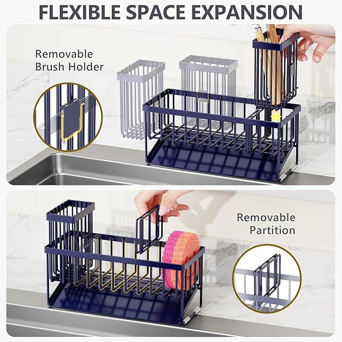 Cisily Navy Blue Sink Caddy Organzier with High Brush Holder, Sponge Holder for Sink, 304 Rustproof Stainless, Kitchen Countertop Soap Dispenser Organizer, Gray Blue Kitchen Decor and Accessories