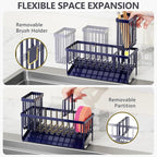 Cisily Navy Blue Sink Caddy Organzier with High Brush Holder, Sponge Holder for Sink, 304 Rustproof Stainless, Kitchen Countertop Soap Dispenser Organizer, Gray Blue Kitchen Decor and Accessories