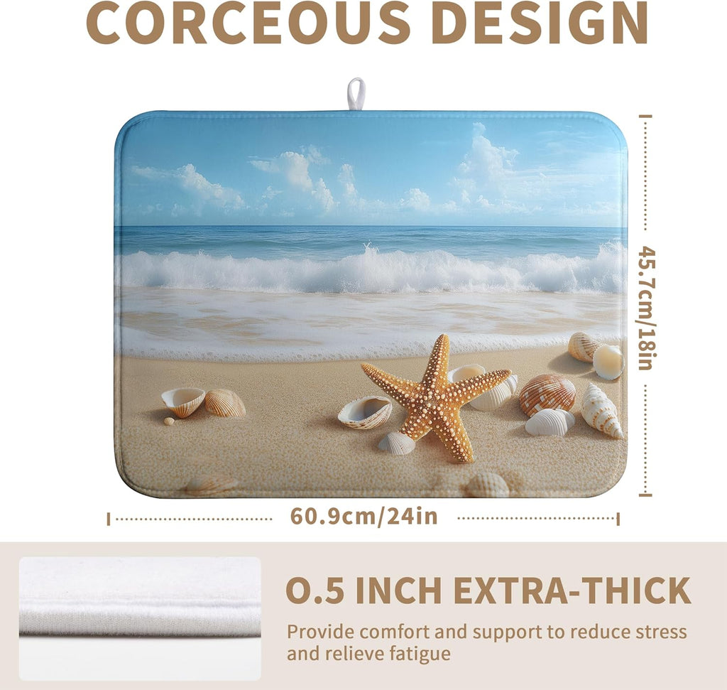 Summer Ocean Beach Blue Dish Drying Mat Sea Shell Starfish Large Kitchen Mat Dish Drying Pad Absorbent Dish Dryer Mat for Kitchen Countertops Microfiber Drainer Pad Dish Drying Rack Mat (18x24 in)