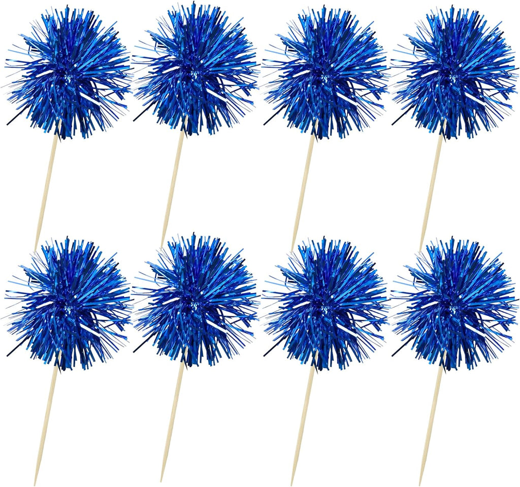 Ephlyn 30Pcs Foil Firework Cupcake Toppers Sparkles Fireworks Sticks Birthday Decorations Sparkle Tinsel Cocktail Fruit Toothpick for Birthday Wedding Graduation Party Cake Decorations Blue