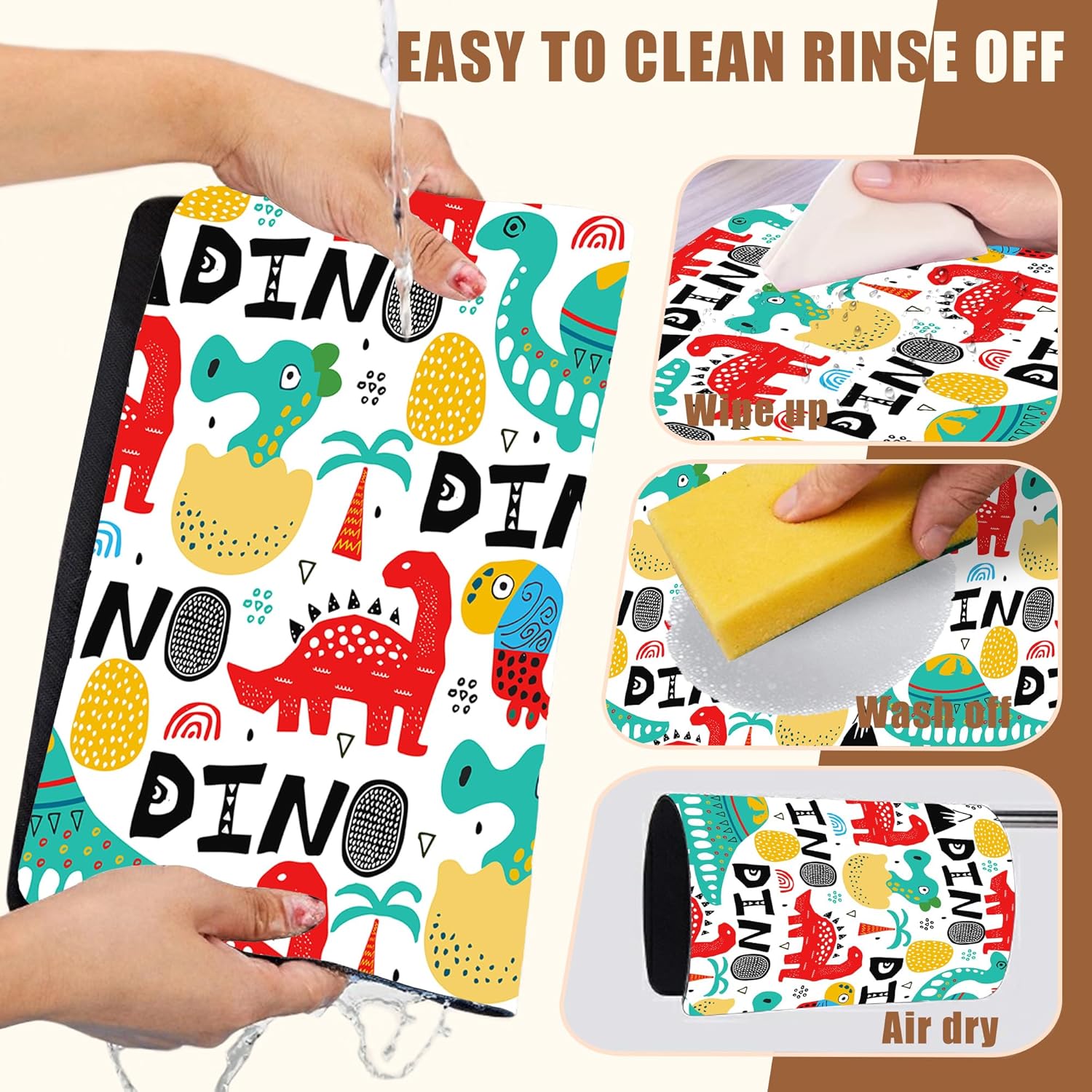 Dinosaur with Palms and Eggs Coffee Mat Absorbent Dish Drying Mat for Kitchen Counter Hide Stain Rubber Backed Coffee Bar Accessories Fit Under Coffee Maker Espresso Machine, 11.8 x 19.7 Inch