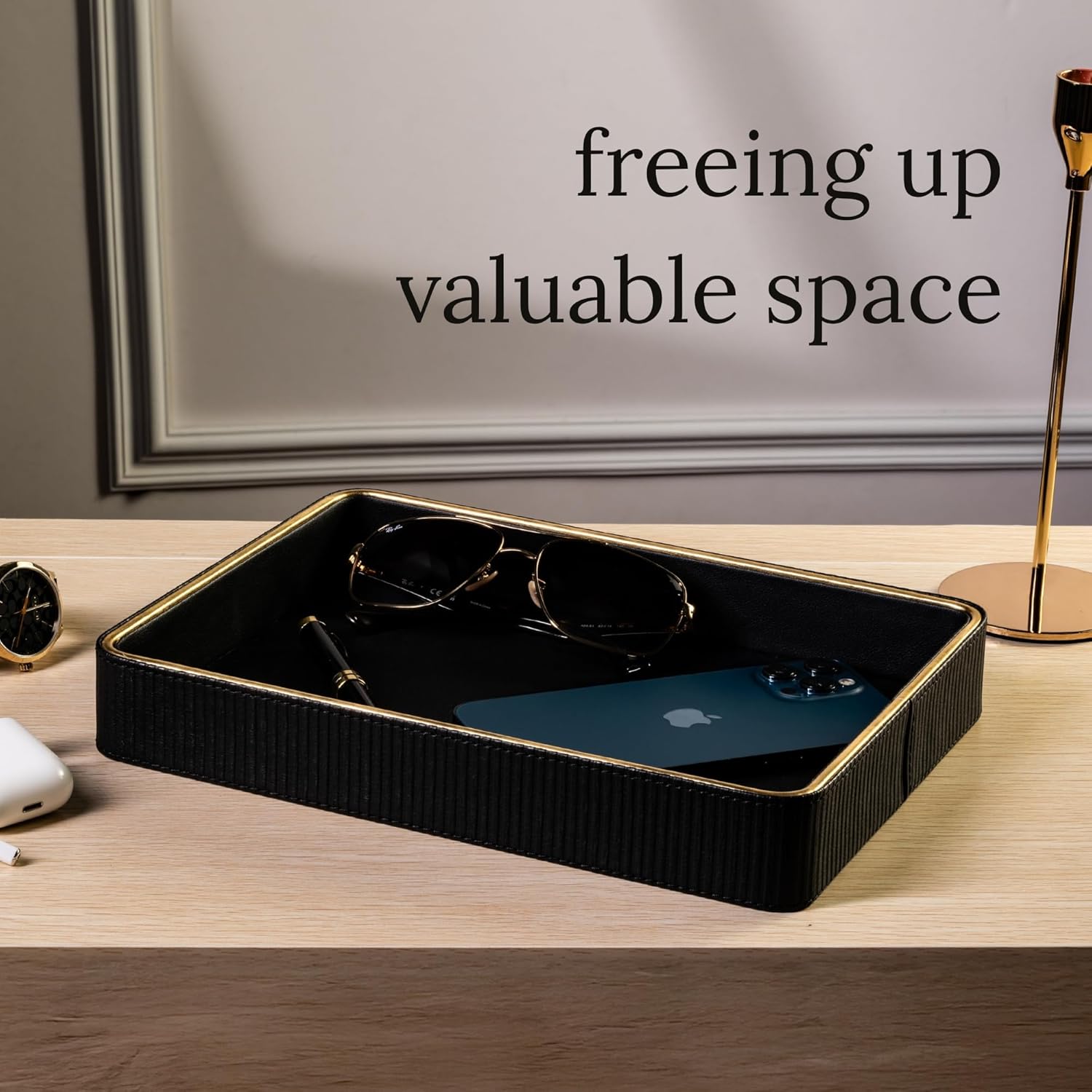 Black Leather Valet Tray for Men| Mens Valet Catch All Trays| Bedside Organizer for Nightstand| Cologne Tray for Men| Desk Trays