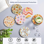 Table Coaster for Drinks Set of 6, Retro 70s Colorful Groovy Round Ceramic Coasters,with Cork Base and Metal Holder,Great Housewarming Birthday Gifts,Home Decor