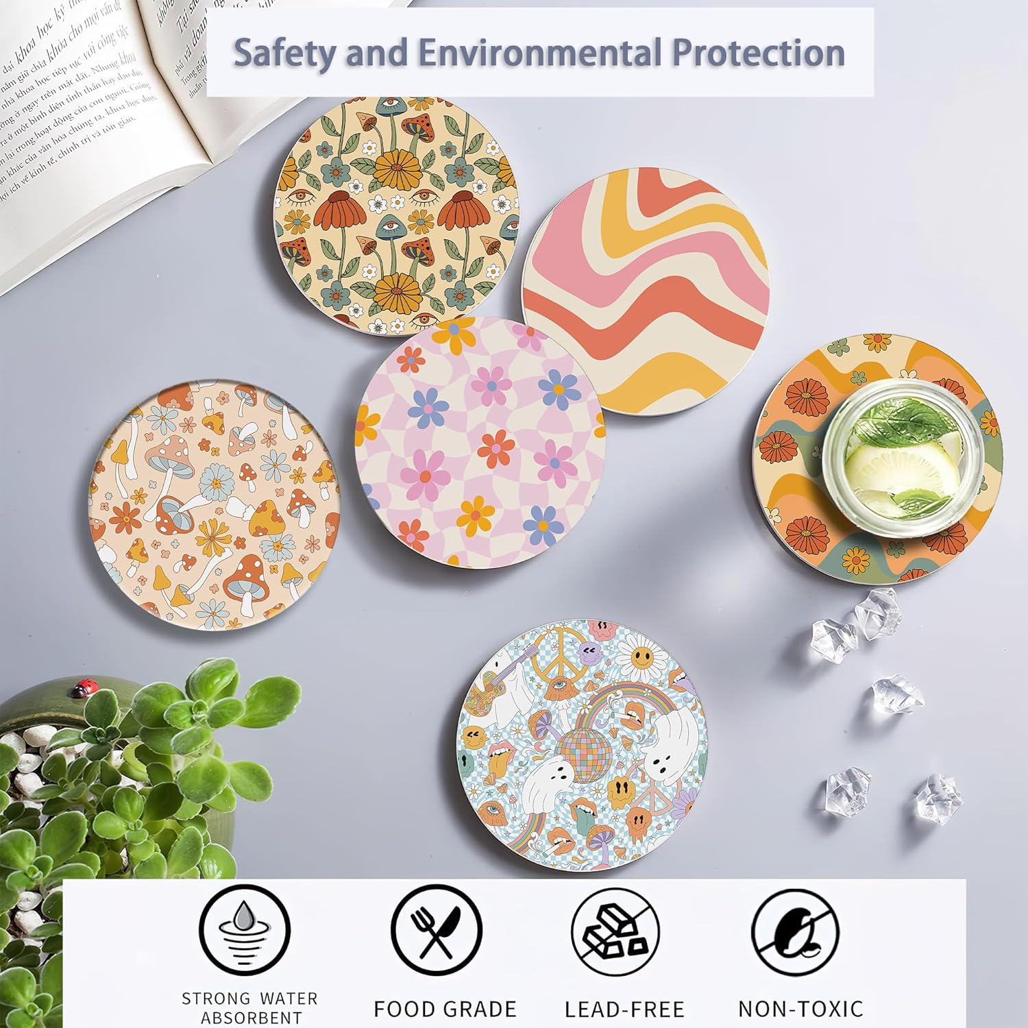 Table Coaster for Drinks Set of 6, Retro 70s Colorful Groovy Round Ceramic Coasters,with Cork Base and Metal Holder,Great Housewarming Birthday Gifts,Home Decor