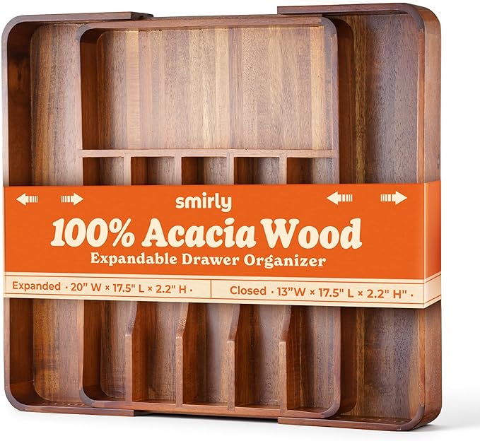 SMIRLY Silverware Drawer Organizer – Bamboo Kitchen Drawer Organizer, Adjustable Utensil Holder and Cutlery Tray, Drawer Dividers for Flatware and Kitchen Utensils