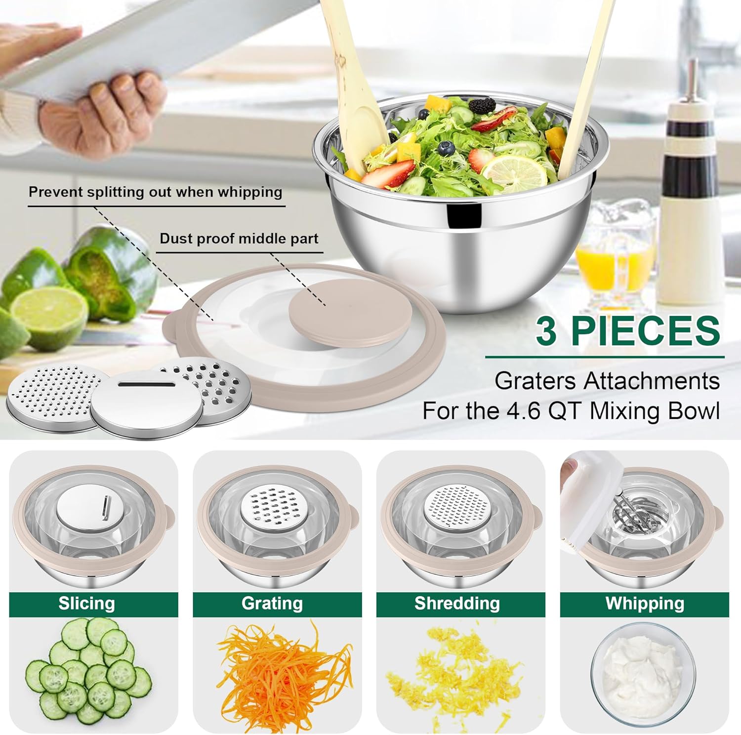 E-far Mixing Bowls with Lids and Graters, Stainless Steel Salad Mixing Bowl with Transparent Lid Set of 3, Metal Nesting Salad Storage for Kitchen Prepping/Serving/Baking, 4.6/2.6/1.5QT - Colorful