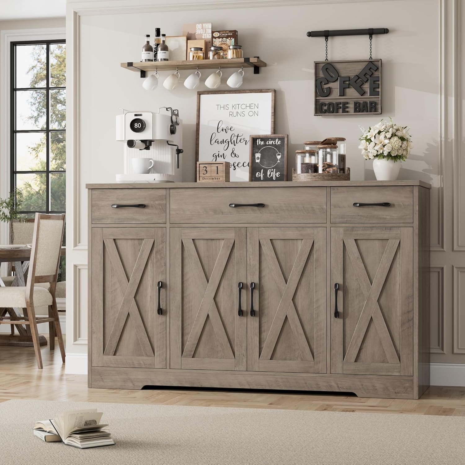 HOSTACK Buffet Sideboard Cabinet with Drawers, 55" Large Buffet Storage Cabinet with Shelves and Doors, Modern Farmhouse Coffee Bar Station for Kitchen, Dining Room, Ash Grey