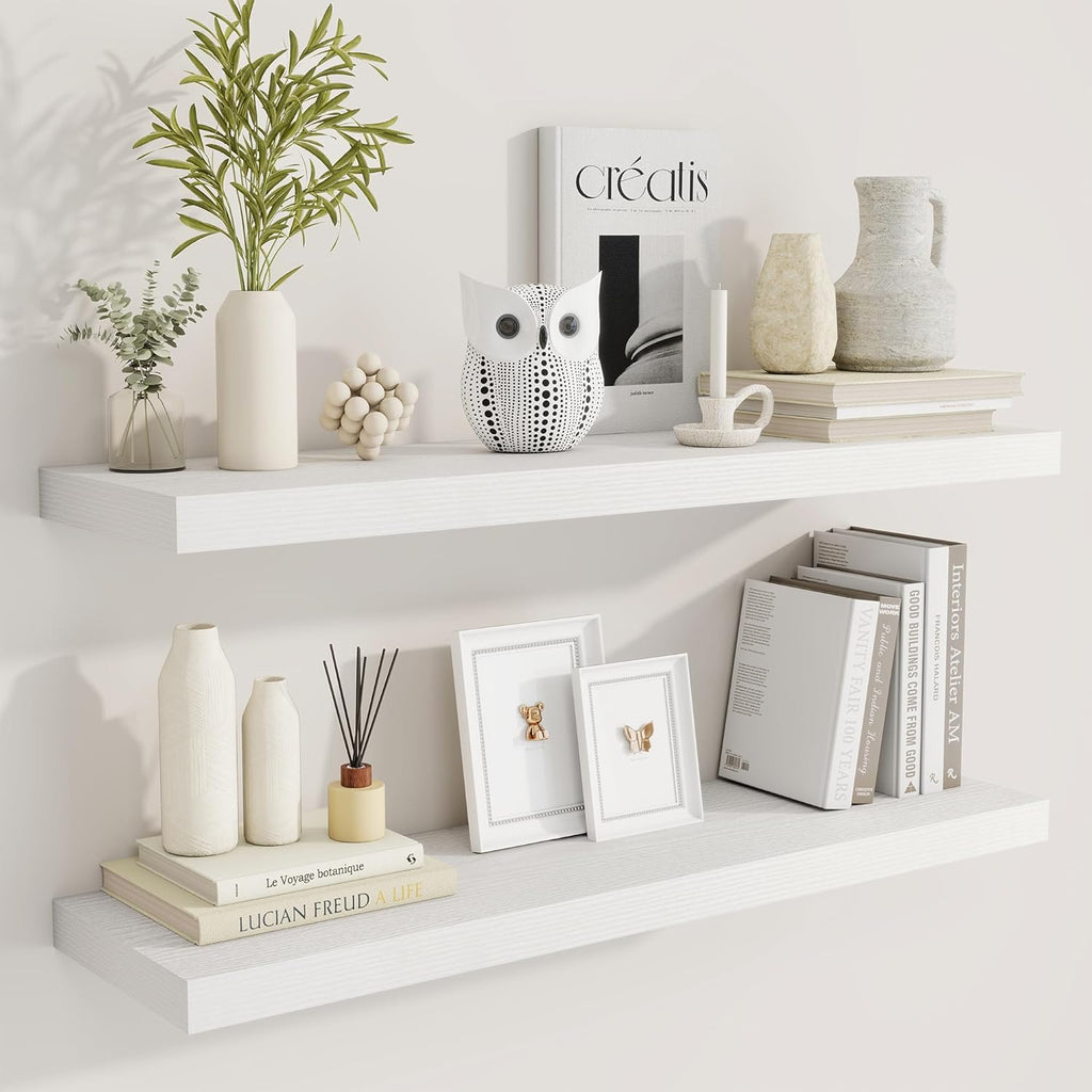 36 Inch Floating Shelves, 9.3 Inch Deep Rustic Wall Shelves - Extra Deeper Wall Mounted Storage Shelves for Bathroom, Kitchen, Living Room (White, Set of 2)